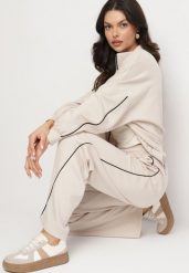 Jasnobeżowy Komplet Dresowy z Wiskozą w Stylu Retro Bluza i Szerokie Spodnie Lavriz. Brązowe bluzy Born2be, bez wzorów, z dresówki, bez kaptura. Za 179.99 zł.