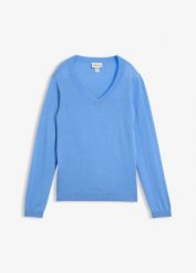 Sweter z miękkiej mieszanki kaszmiru Good Cashmere Standard®. Niebieskie swetry bonprix, bez wzorów, z kaszmiru, bez ramiączek. Za 329.99 zł.
