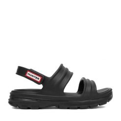 Sandały Hunter. Czarne sandały Hunter, bez wzorów, bez obcasa, na płaskiej podeszwie, bez zapięcia. Za 139.99 zł.