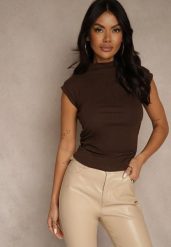 Brązowy Top z Bawełny i Wiskozy ze Stójką i Marszczeniem w Talii Zetelie. Brązowe topy Renee, m, bez wzorów, z bawełny, bez kołnierzyka, bez ramiączek. Za 59.99 zł.