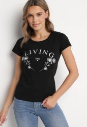 Czarny Bawełniany T-shirt z Napisem Living i Nadrukiem Commea. Czarne t-shirty Born2be, l, bez wzorów, z bawełny, bez kołnierzyka, bez ramiączek. Za 34.99 zł.