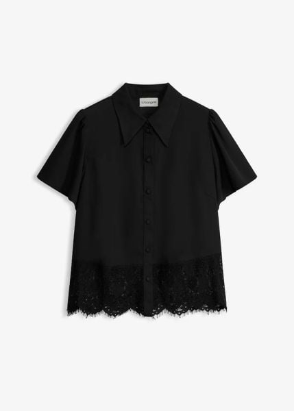 Bluzka z koronką. Czarne bluzki bonprix, bez wzorów, z koronki, bez kołnierzyka, bez ramiączek. Za 124.99 zł.