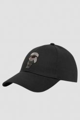KARL LAGERFELD Czapka z daszkiem damska z cyrkonami Ikon. Czarne czapki KARL LAGERFELD, bez wzorów, eleganckie. W wyprzedaży za 219.99 zł.