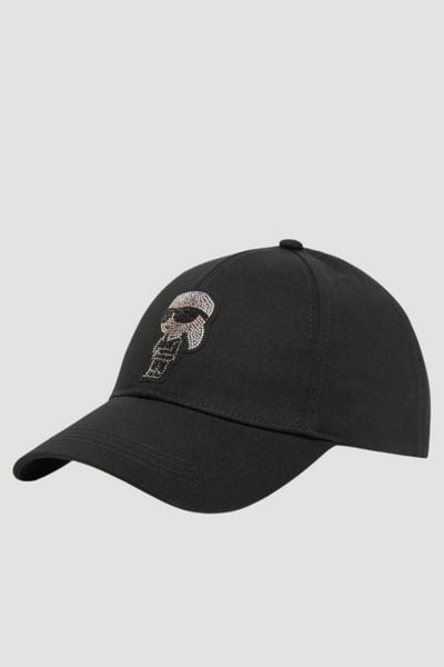 KARL LAGERFELD Czapka z daszkiem damska z cyrkonami Ikon. Czarne czapki KARL LAGERFELD, bez wzorów, eleganckie. W wyprzedaży za 191.99 zł.
