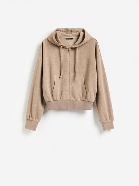 Rozpinana bluza z kapturem - beżowy. Brązowe bluzy Reserved, l, bez wzorów, z bawełny, z kapturem. Za 119.99 zł.