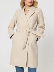 Płaszcz z paskiem - kremowy. Białe płaszcze Sinsay, l, bez wzorów, bez kaptura. Za 129.99 zł.