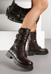 Brązowe Botki Typu Workery Zdobione Sprzączkami Therrie. Brązowe botki Renee, z aplikacjami, z jeansu, bez obcasa, na płaskiej podeszwie, bez zapięcia. Za 169.99 zł.
