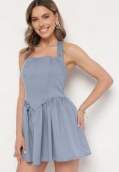 Niebieska Rozkloszowana Sukienka Vices z Paskiem na Szyję Nelimira. Niebieskie sukienki Born2be, na co dzień, l, z aplikacjami, eleganckie, bez kołnierzyka, bez ramiączek, mini, rozkloszowane. Za 79.99 zł.