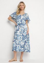 Niebieska Pudełkowa Sukienka z Wiskozy w Kwiaty z Dekoltem w Serek Inisara. Niebieskie sukienki Born2be, na co dzień, l, bez wzorów, z jeansu, eleganckie, bez kołnierzyka, bez ramiączek, midi. Za 74.99 zł.