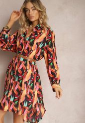 Czarno-Pomarańczowa Długa Koszula na Guziki z Geometrycznymi Wzorami Lakiria. Czarne koszule Renee, xl, bez wzorów, z jeansu, eleganckie, bez kołnierzyka, bez ramiączek. Za 89.99 zł.