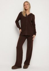 Brązowy Komplet Dzianinowy z Wełną Bluza z Kapturem i Szerokie Spodnie Otisela. Brązowe bluzy sportowe Born2be, l, bez wzorów, z dzianiny, z kapturem. Za 139.99 zł.