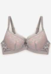Szaro-Różowy Biustonosz Push Up Ozdobiony Koronką Nalisse. Szare biustonosze Born2be, bez wzorów, z koronki. W wyprzedaży za 27.99 zł.