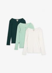 Prążkowana bluzka z dekoltem henley z czystej bawełny organicznej (3 szt. w zestawie). Niebieskie bluzki bonprix, bez wzorów, z bawełny, bez kołnierzyka, bez ramiączek. Za 147.99 zł.