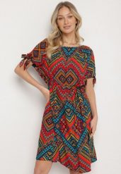 Czerwona Bawełniana Sukienka w Etno Wzór z Wiązanym Paskiem w Talii Tosmera. Czerwone sukienki Born2be, na co dzień, xl, bez wzorów, z bawełny, eleganckie, bez kołnierzyka, bez ramiączek, midi. Za 44.99 zł.