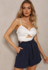 Granatowe Bawełniane Szorty z Gumką w Talii i Paskiem Lovenia. Niebieskie szorty Renee, bez wzorów, z bawełny, eleganckie, z podwyższonym stanem. Za 49.99 zł.