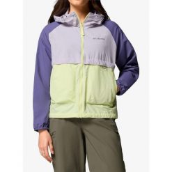 Kurtka przeciwwiatrowa damska Columbia Spire Valley Windbreaker. Fioletowe kurtki sportowe Columbia, bez wzorów, z softshellu, bez kaptura, trekkingowe. Za 296.99 zł.