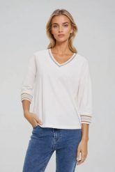 Bawełniana bluza z dekoltem w serek biała. Białe bluzy MOODO, l, bez wzorów, z bawełny, bez kaptura. Za 79.99 zł.