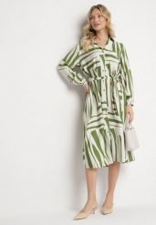 Zielona Sukienka Koszulowa z Wiskozą w Geometryczny Wzór Wiązana w Talii Ninalora. Zielone sukienki Born2be, na co dzień, l, bez wzorów, z wiskozy, eleganckie, bez kołnierzyka, bez ramiączek, midi, koszulowe. Za 129.99 zł.