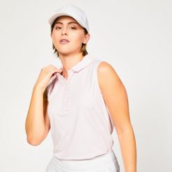 Polo bez rękawów do golfa damskie Inesis WW 500. Czerwone koszulki polo INESIS, m, bez wzorów, z bawełny, bez kołnierzyka, bez ramiączek. Za 79.99 zł.