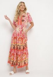 Czerwona Wiskozowa Sukienka Boho Zapinana na Guziki z Materiałowym Paskiem w Talii Dimovana. Czerwone sukienki Born2be, na co dzień, l, z aplikacjami, z materiału, boho, bez kołnierzyka, bez ramiączek, maxi, proste. Za 109.99 zł.