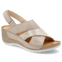 Sandały damskie Wasak, eleganckie skórzane na koturnie na rzepy wygodne, beżowo-złote, 493. Brązowe sandały Wasak, bez wzorów, biznesowe, bez obcasa, na koturnie, bez zapięcia. Za 219.00 zł.