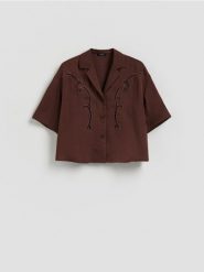 Koszula z wiskozą - ciemnobrązowy. Brązowe koszule Reserved, l, bez wzorów, z tkaniny, bez kołnierzyka, bez ramiączek. Za 149.99 zł.