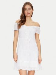 Guess Sukienka letnia W5GK0A WE340 Biały Regular Fit. Białe sukienki Guess, na lato, l, z aplikacjami, z syntetyku, bez kołnierzyka, bez ramiączek. Za 379.99 zł.