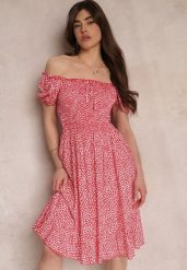Czerwona Sukienka Midi o Fasonie Bawełnianej Hiszpanki Nairo. Czerwone sukienki Renee, na spotkanie biznesowe, m, bez wzorów, z bawełny, eleganckie, bez kołnierzyka, bez ramiączek, midi. Za 39.99 zł.