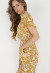 Żółty Kombinezon Hesonia. Żółte sukienki Born2be, na imprezę, l, z aplikacjami, boho, bez kołnierzyka, bez ramiączek, mini. Za 44.99 zł.