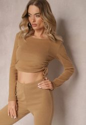 Brązowa Bluzka z Regulowanymi Paskami Po Bokach Awetrisa. Brązowe bluzki Renee, bez wzorów, klasyczne, bez kołnierzyka, bez ramiączek. Za 44.99 zł.
