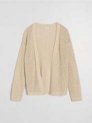 Ażurowy kardigan z obniżoną linią ramion - kremowy. Białe kardigany Sinsay, l, w ażurowe wzory. Za 49.99 zł.