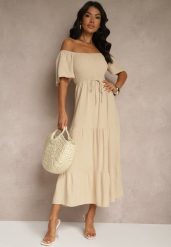Beżowa Wiskozowa Sukienka z Lnem o Rozkloszowanym Kroju Koloreia. Brązowe sukienki Renee, na co dzień, na lato, m, bez wzorów, z wiskozy, eleganckie, bez kołnierzyka, bez ramiączek, midi, rozkloszowane. Za 89.99 zł.