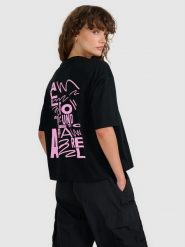 4F T-shirt oversize z nadrukiem damski - czarny S. Czarne koszulki sportowe 4f, bez wzorów, z bawełny, bez ramiączek. W wyprzedaży za 49.99 zł.