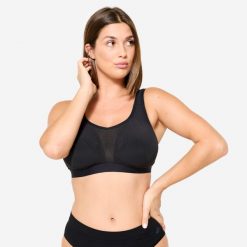 Stanik sportowy Decathlon. Czarne bielizna sportowa DECATHLON, z elastanu, bez zapięcia, na fitness i siłownię. Za 79.99 zł.