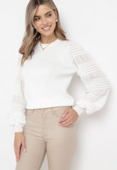 Biała Bluzka z Bufiastymi Transparentnymi Rękawami Flimona. Białe bluzki Born2be, bez wzorów, bez kołnierzyka, bez ramiączek. W wyprzedaży za 127.49 zł.