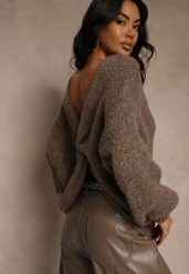 Jasnobrązowy Oversizowy Sweter z Dodatkiem Wełny Zdobiony Węzłem Lawedana. Brązowe swetry Renee, l, z aplikacjami, z wełny, bez ramiączek. Za 139.99 zł.