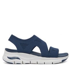 Sandały Skechers. Niebieskie sandały Skechers, bez wzorów, bez obcasa, na płaskiej podeszwie, bez zapięcia. Za 219.99 zł.