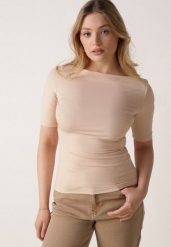 Beżowy Wiskozowy T-shirt o Dopasowanym Kroju z Dekoltem w Łódkę Idahphaeia. Brązowe t-shirty Born2be, m, z aplikacjami, z jeansu, bez kołnierzyka, bez ramiączek. Za 59.99 zł.