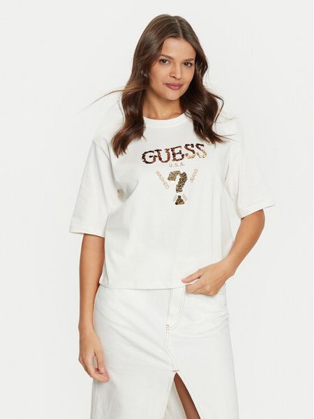 Guess T-Shirt V4YI06 I3Z14 Écru Boxy Fit. T-shirty Guess, l, z aplikacjami, z bawełny, bez kołnierzyka, bez ramiączek. Za 119.99 zł.