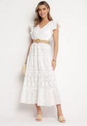 Biała Koronkowa Sukienka Maxi o Rozkloszowanym Fasonie z Falbankami Wilea. Białe sukienki Born2be, na imprezę, m, bez wzorów, z koronki, bez kołnierzyka, bez ramiączek, maxi, rozkloszowane. Za 159.99 zł.
