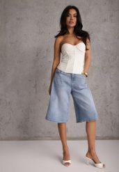 Niebieskie Szorty Jeansowe Bawełnine w Typie Jorts o Szerokim Kroju Savatai. Niebieskie szorty Renee, bez wzorów, z jeansu, eleganckie. Za 89.99 zł.