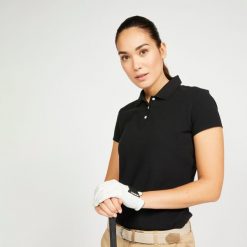 Koszulka polo do golfa z krótkim rękawem damska Inesis MW100. Czarne koszulki polo INESIS, l, bez wzorów, z bawełny, bez kołnierzyka, bez ramiączek. W wyprzedaży za 34.99 zł.