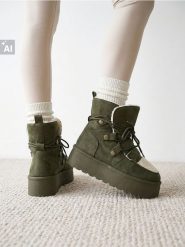 Śniegowce ze sztucznym barankiem - khaki. Brązowe trapery i śniegowce Sinsay. Za 69.99 zł.