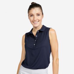 Koszulka polo do golfa bez rękawów damska Inesis MW500. Niebieskie koszulki polo INESIS, l, bez wzorów, z dżerseju, bez kołnierzyka, bez ramiączek. Za 79.99 zł.