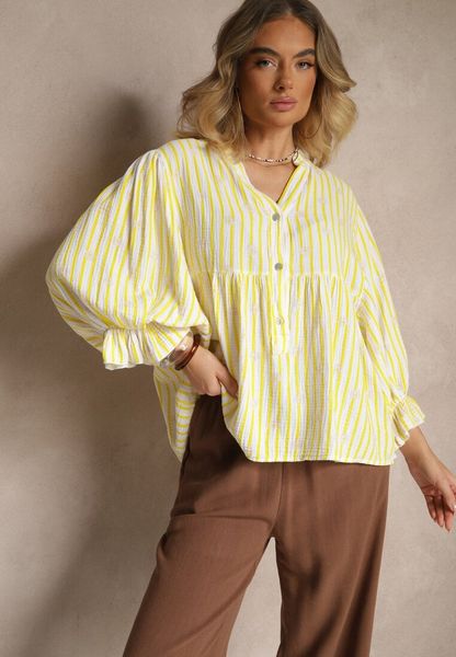 Żółta Koszula z Bawełny z Dekoltem w Serek Zdobiona Kwiatowym Wzorem Mailisse. Żółte koszule Renee, z aplikacjami, z bawełny, eleganckie, bez kołnierzyka, bez ramiączek. Za 119.99 zł.