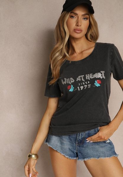 Czarny T-shirt z Bawełny Ozdobiony Nadrukiem Savetelle. Czarne t-shirty Renee, l, bez wzorów, z bawełny, bez kołnierzyka, bez ramiączek. Za 39.99 zł.