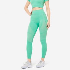 Legginsy fitness damskie Domyos. Zielone legginsy DOMYOS, l, bez wzorów, z elastanu, z podwyższonym stanem. W wyprzedaży za 79.99 zł.