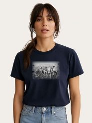 WOOOP Koszulka "Friends Official Lunch Atop A Skyscraper" w kolorze granatowym rozmiar: XL. Niebieskie bluzki Wooop, xl, bez wzorów, z bawełny, bez kołnierzyka, bez ramiączek. Za 56.99 zł.