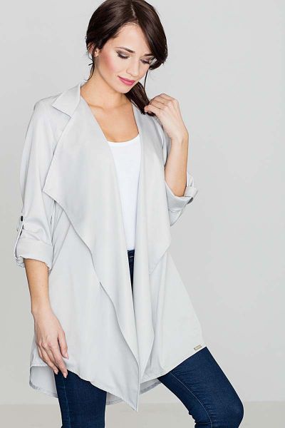 Szary Luźny Krótki Płaszcz bez Zapięcia. Szare płaszcze Katrus, l, bez wzorów, z elastanu, bez kaptura. Za 269.00 zł.