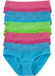 Figi z miękką bawełną i koronką (5 par). Niebieskie figi bonprix, bez wzorów, z bawełny. Za 67.99 zł.